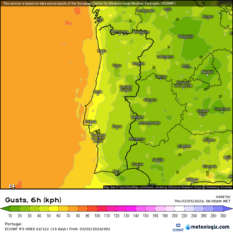 Frente fria afeta Portugal com chuva e vento forte, enquanto o leste de Espanha pode ser atingido por chuva "diluviana" - saiba como estará o tempo na quinta, 5 de março! A frente fria assinala a chegada do vento mais forte, pouco depois das 12H. Contudo, será na madrugada de sexta que o mais intenso deverá ocorrer no litoral