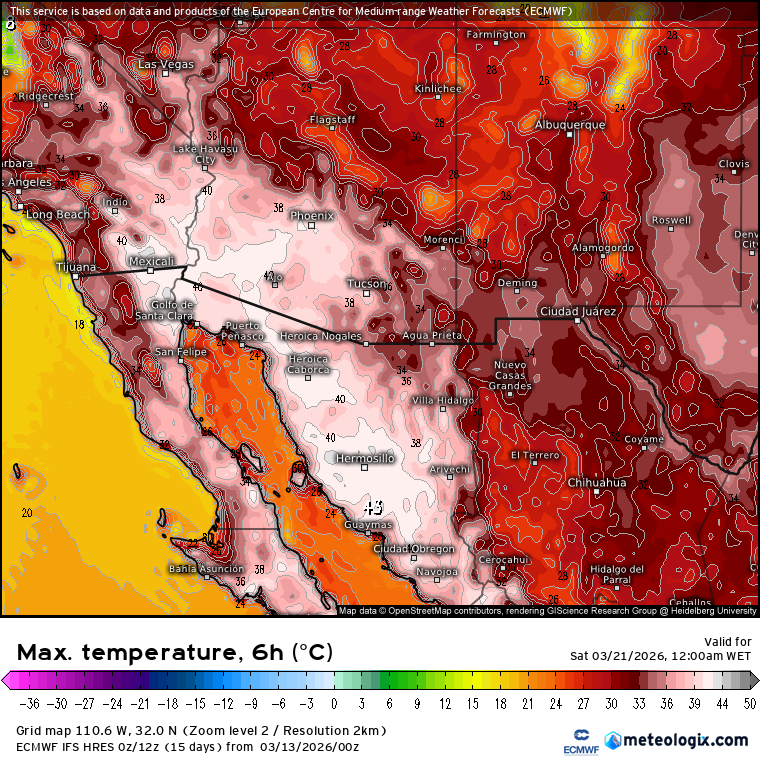 Temperaturas superiores a 40ºC no Noroeste do México e Sudoeste dos EUA - impressionante!