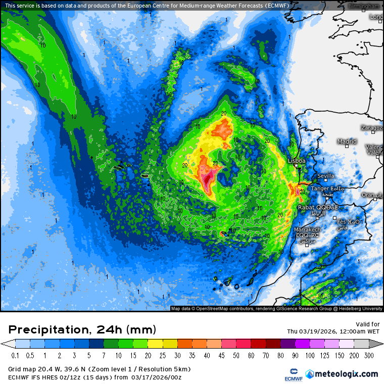Precipitação total acumulada segundo o modelo ECMWF-IFS
