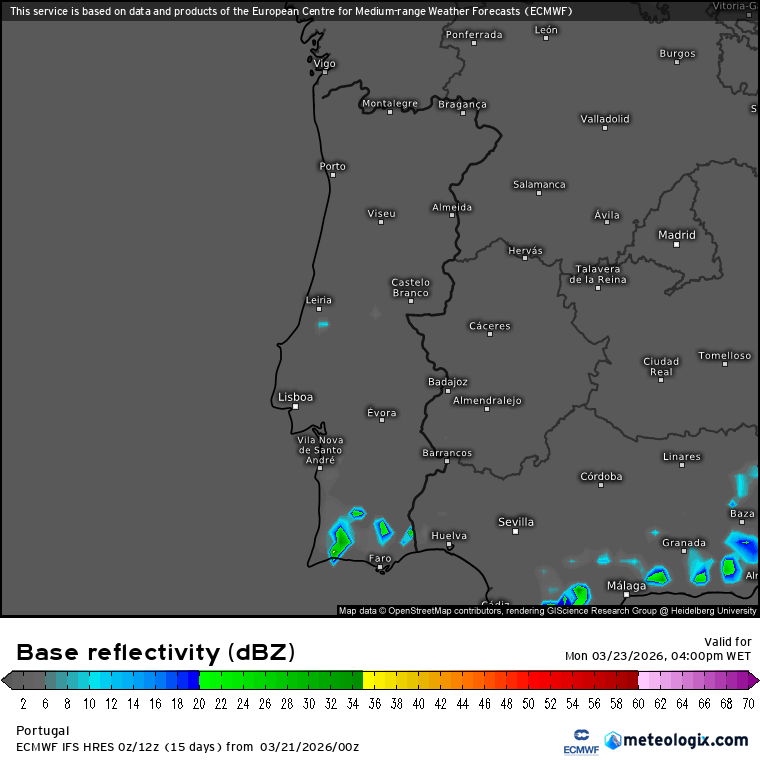 Semana começa com tempo de Primavera e tempo quentinho, depois da instabilidade e vento severo, mas... ainda há instabilidade localizada - saiba a previsão do tempo na segunda, 23 de março de 2026 Uma simulação radar ECMWF, que nos mostra a probabilidade de aguaceiros na tarde de segunda - destacando-se imediatamente zonas de montanha, principalmente a Serra Algarvia