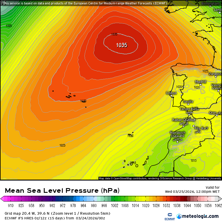 Mais vento em Portugal, e uma tempestade no Sudeste Europeu - saiba como estará o tempo na quinta, 26 de março Anticiclone forte inlfuencia o tempo nos Açores - muito estável!