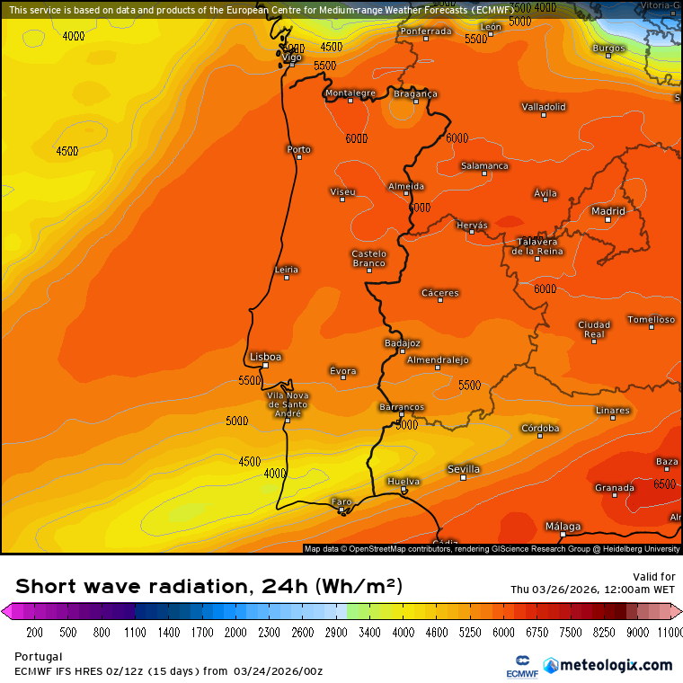 Massa de ar polar invade a Europa, e o anticiclone expande para o Golfo da Biscaia - alta pressão influencia Portugal - saiba como estará o tempo na quarta, 25 de março de 2026 Sol pleno no Norte e Cento, e mais nuvens a Sul (altas) - é esta a indicação também visível nas cartas de radiação solar incidente