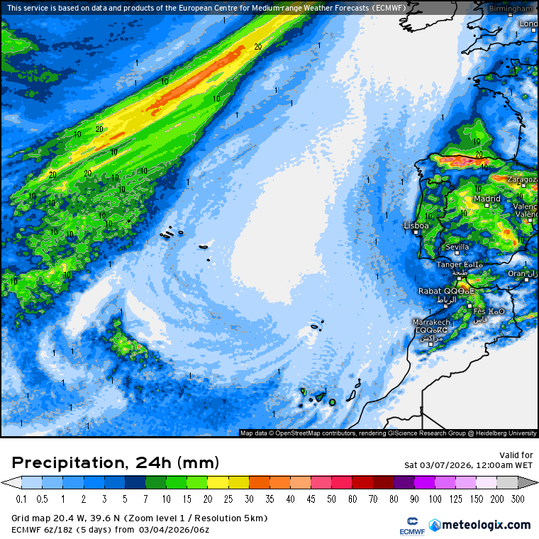 Mau tempo de regresso, com ventos até 100km/h, frio, chuva e neve (e mar muito agitado!) - saiba como estará o tempo na sexta, 6 de março, na sua região! Precipitação total prevista para esta sexta-feira - previsão ECMWF