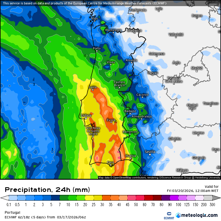 Precipitação total prevista na quinta, 19 de março 
