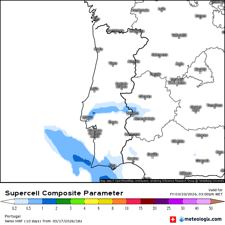 Depressão entre os Açores e Portugal Continental - instabilidade forte em algumas regiões, desde a Madeira a Portugal Continental - saiba como estará o tempo na sexta, 20 de março Probabilidade de ocorrência de supercélulas (que podem produzir precipitação mais intensa e\ou rajadas severas). Baixa, mas existente