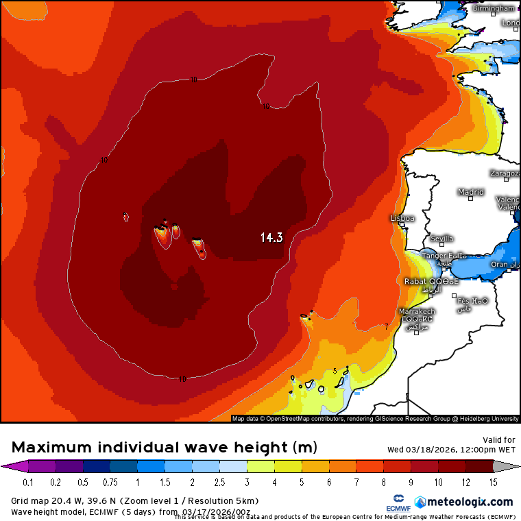 Ondas máximas acima de 10m numa vasta área!
