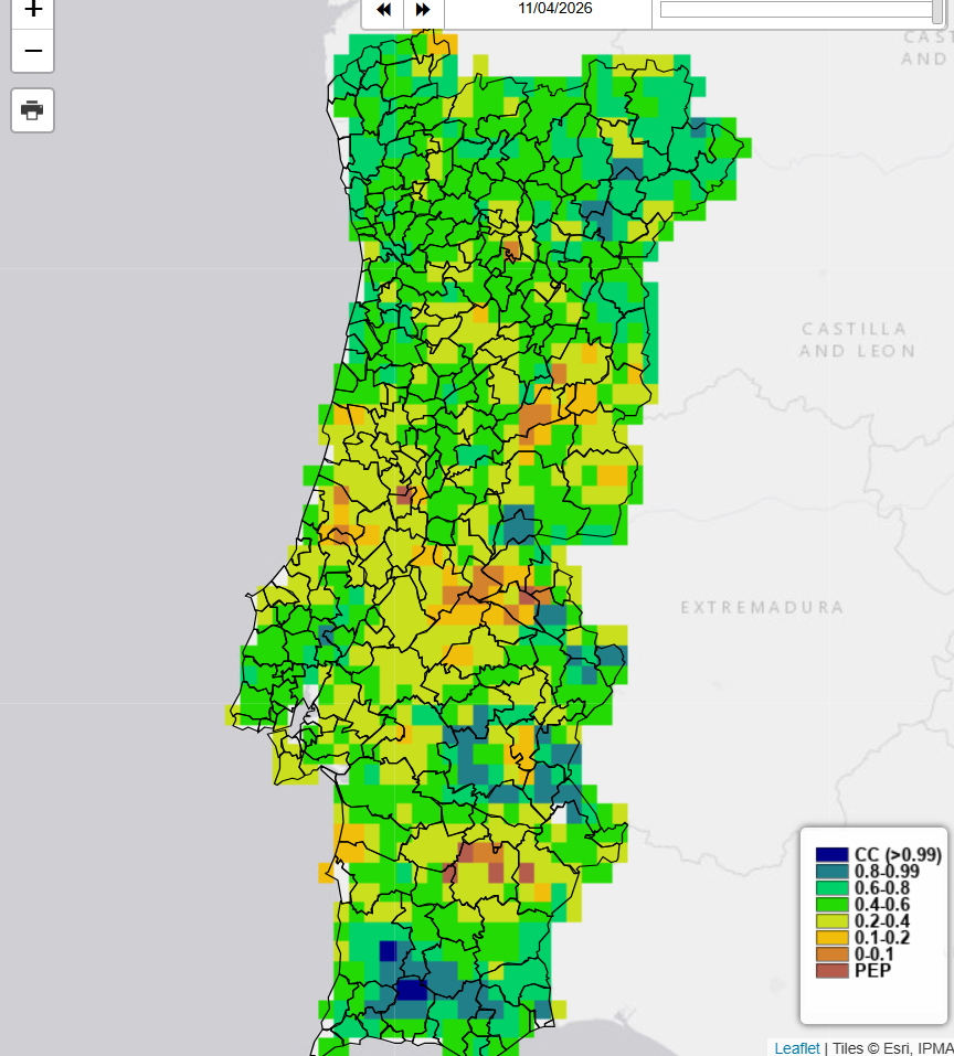 Percentagem da água no solo atualmente, segundo dados IPMA