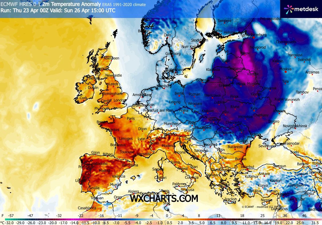 Forte anticiclone a Norte, depressões a Sul - Trovoadas e calor? Saiba como estará o tempo no fim-de-semana, 25-26 de abril de 2026 (e no início de Maio!) Europa com temperaturas muito diferentes entre Oeste e Leste