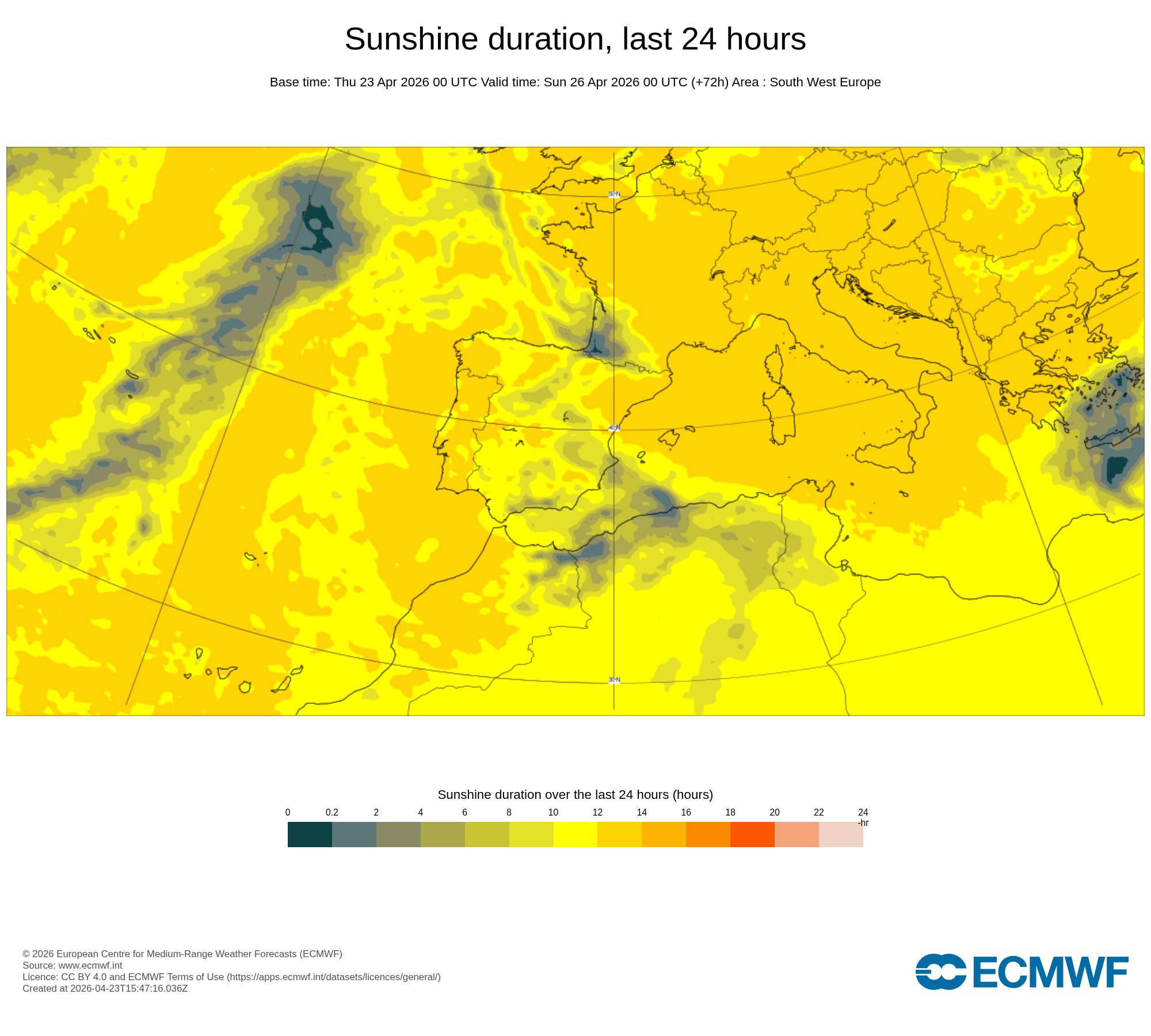 Forte anticiclone a Norte, depressões a Sul - Trovoadas e calor? Saiba como estará o tempo no fim-de-semana, 25-26 de abril de 2026 (e no início de Maio!) Horas de sol previstas para sábado, 25 de abril