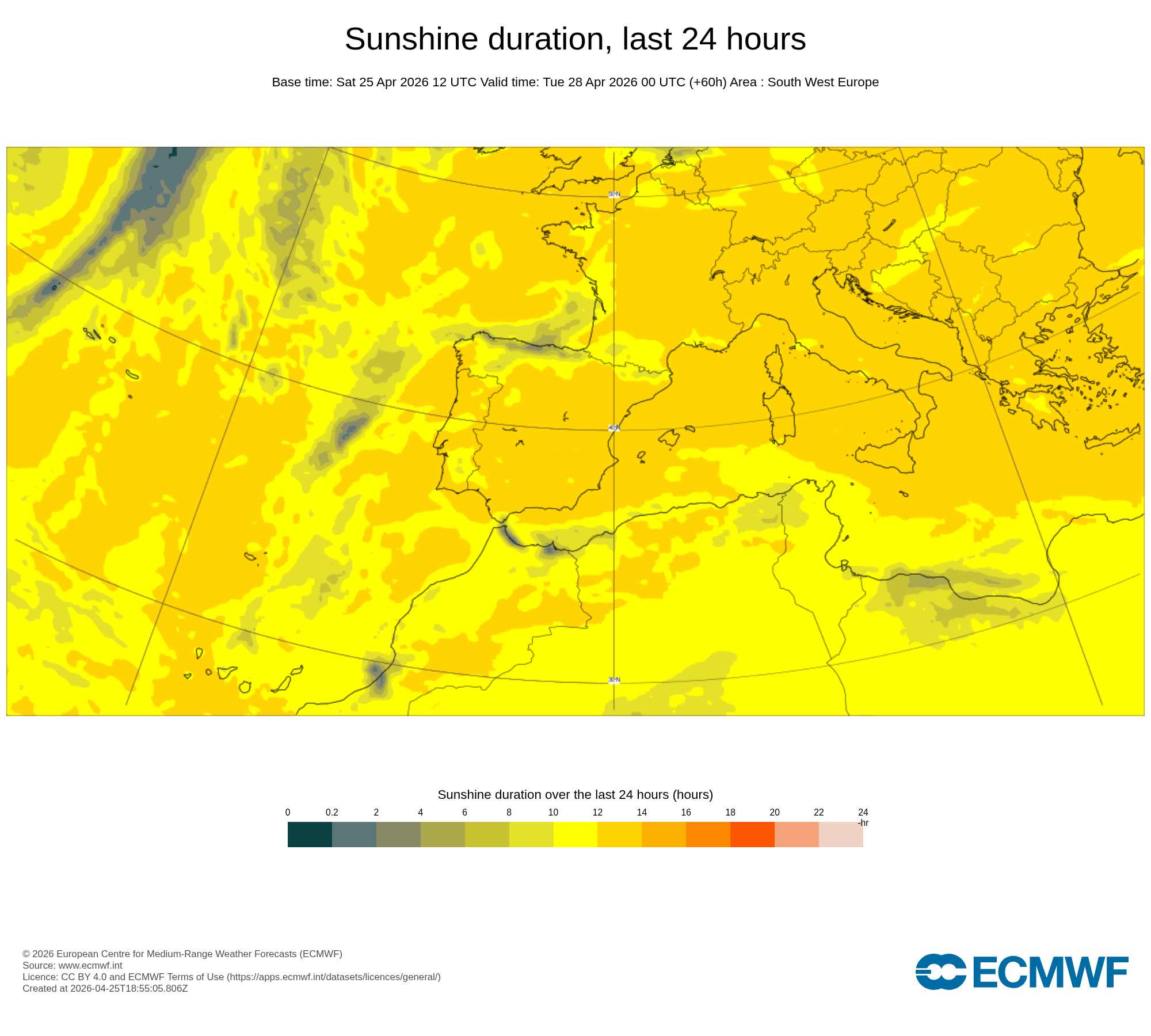 O tempo na segunda, 27 de abril de 2026 - nova subida das temperaturas - saiba se haverá trovoadas na sua região, ou se mantém o sol e calor! Número de horas de sol prevista pelo modelo Europeu ECMWF
