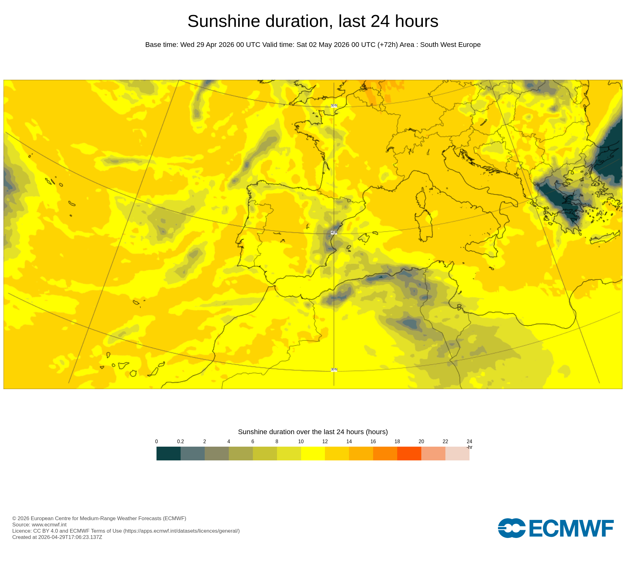 Dia do Trabalhador pode ser seco, mas há uma nova depressão a caminho, com nova mudança prevista - saiba como será o tempo na sexta, 1 de maio de 2026 Número de horas de sol previstas nesta sexta-feira - previsão ECMWF