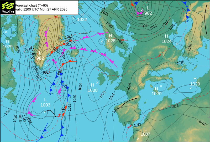 O tempo na segunda, 27 de abril de 2026 - nova subida das temperaturas - saiba se haverá trovoadas na sua região, ou se mantém o sol e calor! Regime atmosférico previsto pelo modelo UKMO (MetOffice) - anticiclone em latitudes mais altas
