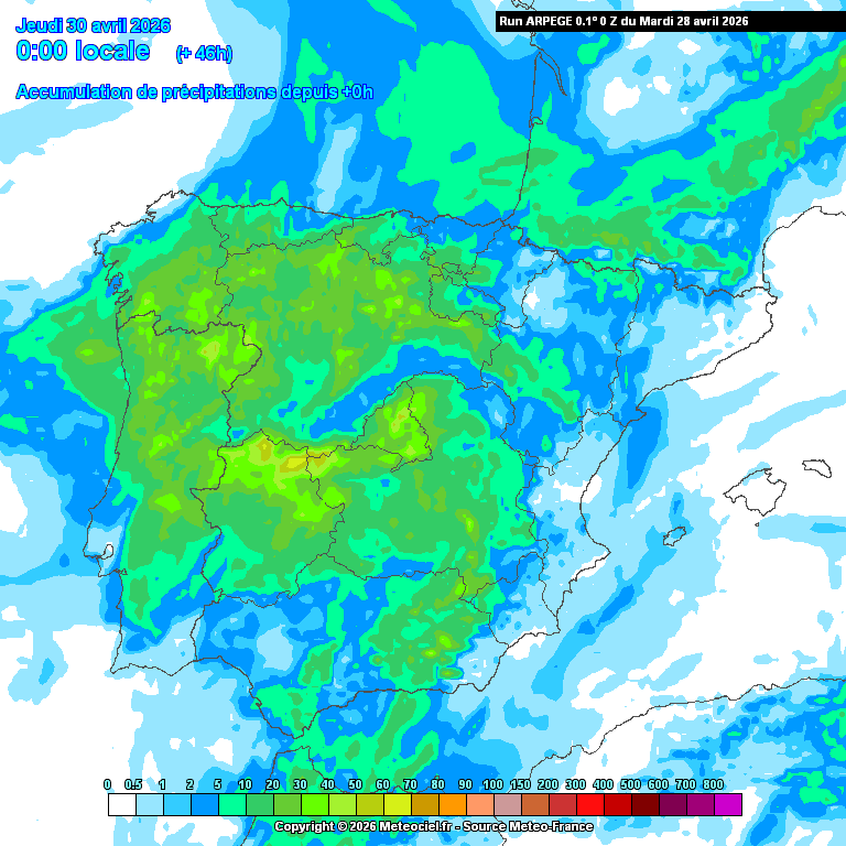 Chuva acumulada até final de quarta-feira, segundo o modelo ARPEGE