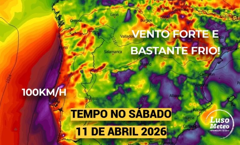 Vento forte (>100km/h), mar agitado e frio - depressão polar e anticiclone dos Açores causam mudança drástica do tempo no sábado, 11 de abril