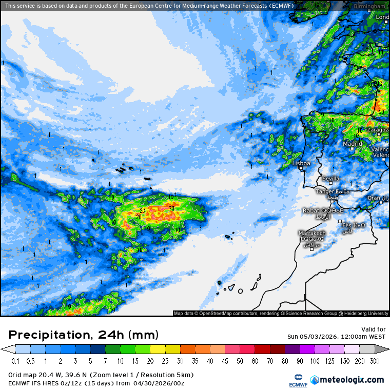 Tempo no fim-de-semana - precipitação prevista em ambos os dias (previsões ECMWF)