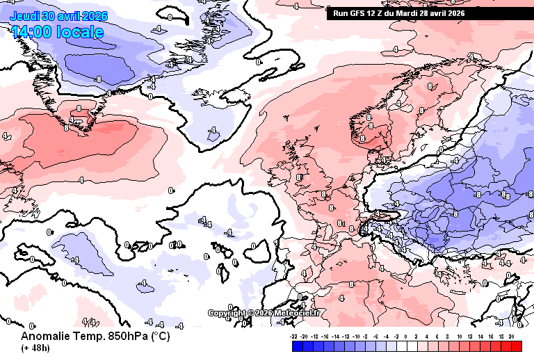 Anomalia de temperaturas prevista nesta quinta, 30 de abril