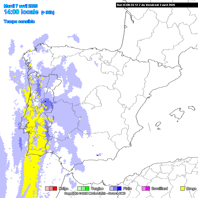 Depressão provoca trovoadas fortes e frio a partir de segunda-feira - situação de forte instabilidade e mau tempo em algumas regiões - saiba a previsão e o que pode vir a seguir Risco de trovoadas segundo o modelo ICON (a amarelo) para terça-feira ao início da tarde