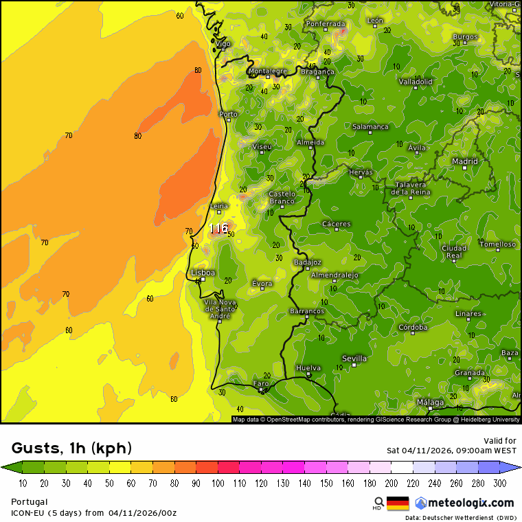 Rajadas previstas - entre as 9h de sábado e as 6h de domingo