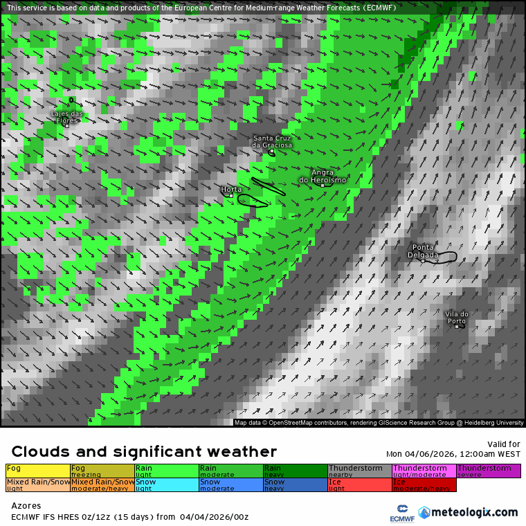 Calor abafado, poeiras e chuva de lama - saiba todos os fenómenos meteorológicos que afetarão Portugal com a previsão do tempo na segunda, 6 de abril Evolução da precipitação (a verde) e nebulosidade (cinzento)