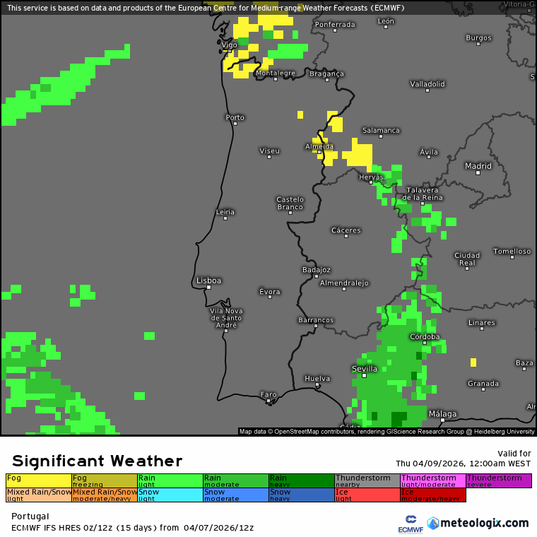 Temperaturas sobem 15ºC num dia - mais de 30ºC de regresso, com muitas poeiras, e ainda com chuva em alguns locais - saiba as previsões do tempo na quinta e sexta, 9-10 de abril Evolução do tempo ao longo do dia - a amarelo (nevoeiros), verde (chuva) e roxo (trovoadas)