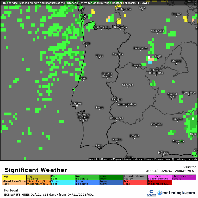 Semana começa com chuva e frio - quando pode regressar o anticiclone? Saiba a previsão do tempo na segunda, 13 de abril de 2026 Precipitação (verde) e nevoeiros (amarelo) previstos ao longo do dia segundo o modelo ECMWF