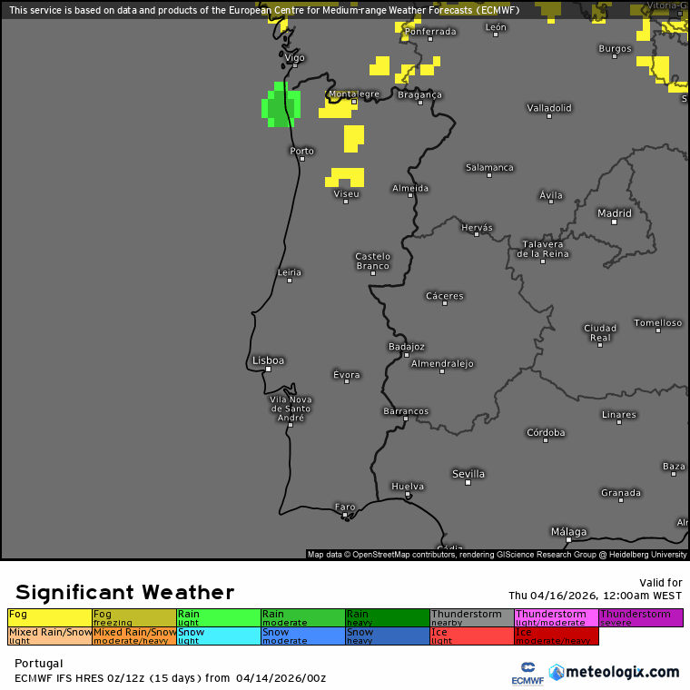Terá sol e calor, ou nevoeiro? Depende da região onde está! Saiba a previsão do tempo na quinta, 16 de abril de 2026 Nevoeiros (a amarelo) marcam este dia em algumas regiões - pelo menos a manhã (previsão ECMWF)
