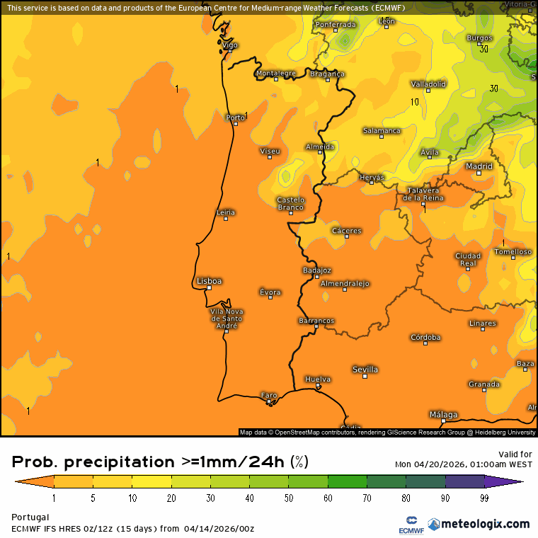 A partir de dia 20 podemos ver que a probabilidade de precipitação (EPS) aumenta - mas será que vai mesmo chover?