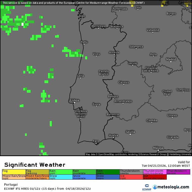 Evolução dos aguaceiros (verde) e das trovoadas (a roxo) ao longo do dia