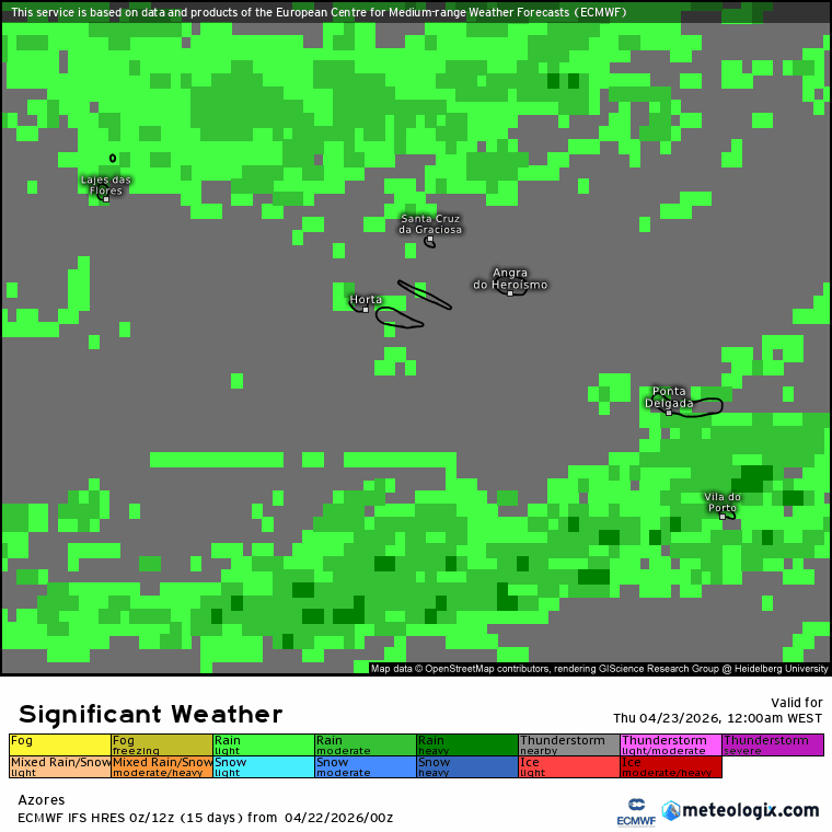 Muita humidade em altitude, nuvens altas e sol tímido - saiba a previsão do tempo na quinta, 23 de abril de 2026 Evolução da precipitação prevista no arquipélago dos Açores - ECMWF
