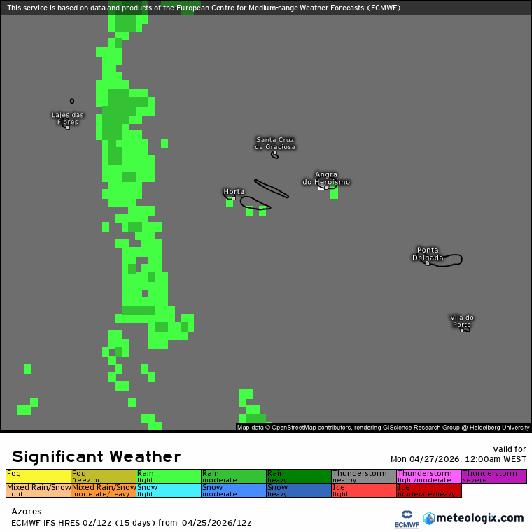 O tempo na segunda, 27 de abril de 2026 - nova subida das temperaturas - saiba se haverá trovoadas na sua região, ou se mantém o sol e calor! Evolução da precipitação ao longo do dia nos Açores