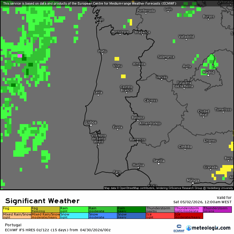 Evolução do tempo no sábado - precipitação (Verde), nevoeiro (amarelo) e trovoada (roxo), segundo o modelo Europeu 
