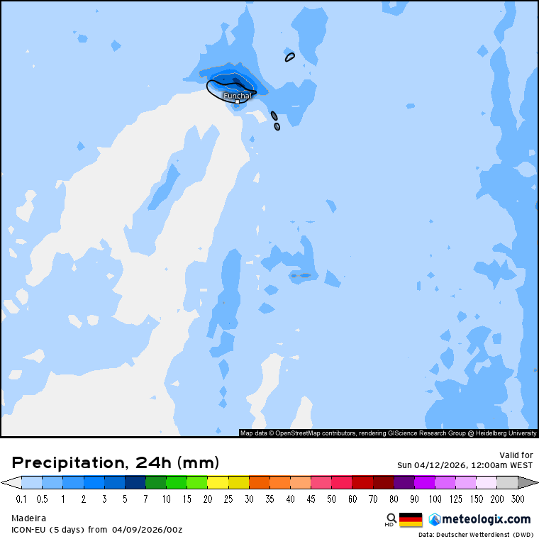 Chuva na Madeira - acumulado total previsão ICON