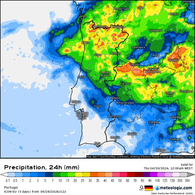 Precipitação total prevista nesta quarta-feira - previsão ICON-DWD