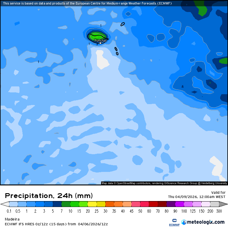 Depressão Atlântica continua a influenciar o estado do tempo na quarta-feira - mas há mudanças a caminho, de novo - saiba a previsão para 8 de abril Precipitação acumulada total prevista para a Madeira - previsão ECMWF