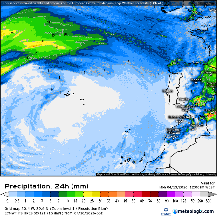 Temperaturas descem mais e podem ser negativas em alguns locais, com vento, gelo e geada - saiba a previsão do tempo no domingo, 12 de abril! As previsões IFS-ECMWF mostram chuva em algumas Ilhas dos Açores, e aguaceiros no Norte de Portugal Continental e na Madeira