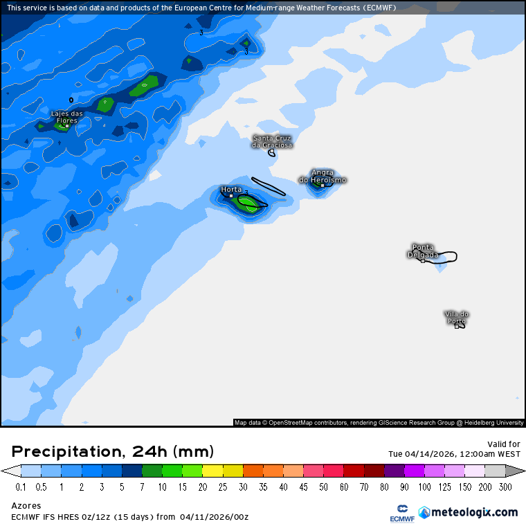 Semana começa com chuva e frio - quando pode regressar o anticiclone? Saiba a previsão do tempo na segunda, 13 de abril de 2026 Precipitação total prevista nesta segunda-feira, segundo o modelo ECMWF