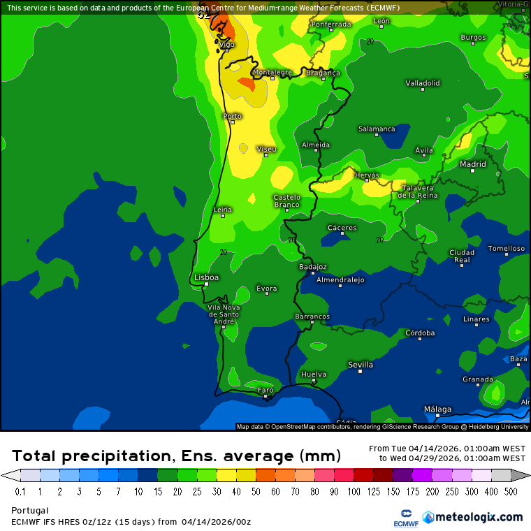 A média do ensemble EPS-ECMWF a mostrar precipitação mais a Norte - mas nestas situações há demasiada incerteza para pormenores!
