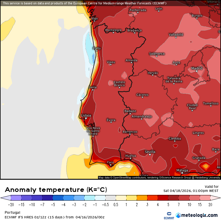 Temperaturas bem elevadas no sábado (até 7-8ºC acima da média)
