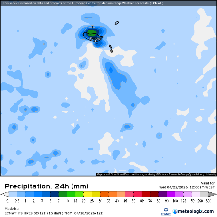 Precipitação total prevista no arquipélago da Madeira - previsão ECMWF