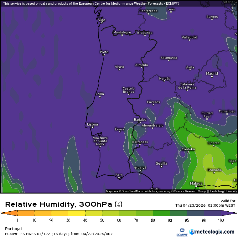 Muita humidade em altitude, nuvens altas e sol tímido - saiba a previsão do tempo na quinta, 23 de abril de 2026 Humidade em altitude (9km) promove a formação de nuvens altas e rastos de aviões