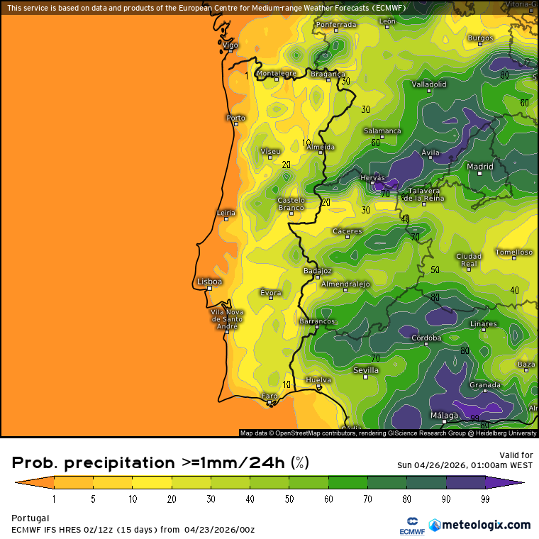 Forte anticiclone a Norte, depressões a Sul - Trovoadas e calor? Saiba como estará o tempo no fim-de-semana, 25-26 de abril de 2026 (e no início de Maio!) Probabilidade de precipitação no sábado, 25 de abril, segundo as previsões do modelo Europeu (EPS)