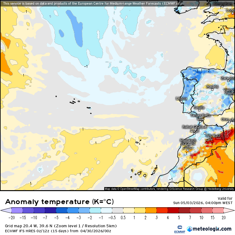 Anomalia de temperaturas previstas para este domingo (16H)