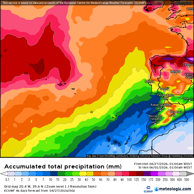 Vale o que vale, mas as previsões ECMWF mostram, até final de Maio, precipitação compatível com um mês de Inverno nos Açores\Portugal Continental! Será?