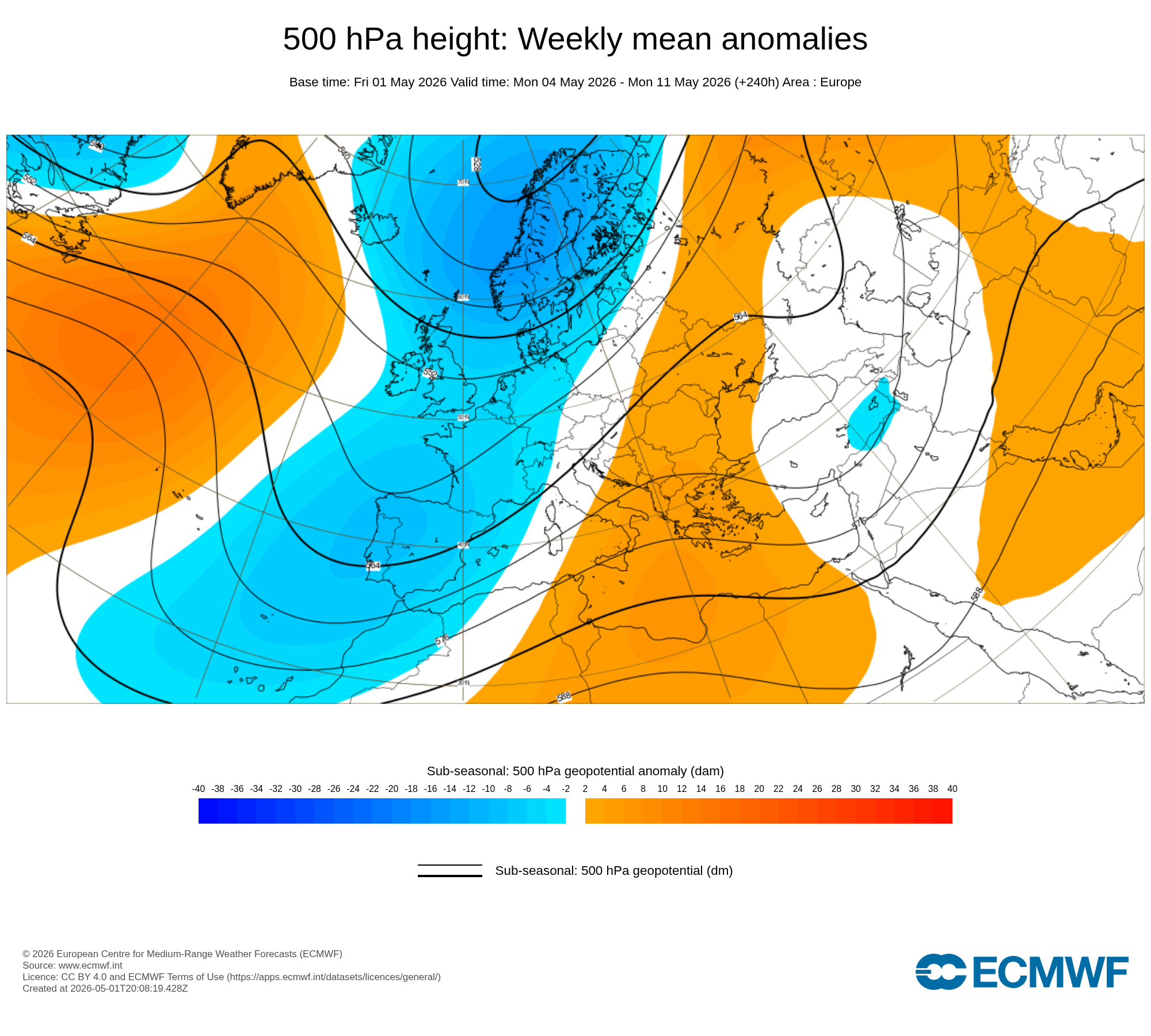 Fenómeno de bloqueio atmosférico dará lugar a crista Atlântica - humidade e frio? O que este regime atmosférico significa para Portugal? Bloqueio atmosférico - Anomalia de pressão e geopotencial 4 a 11 de maio - ECMWF
