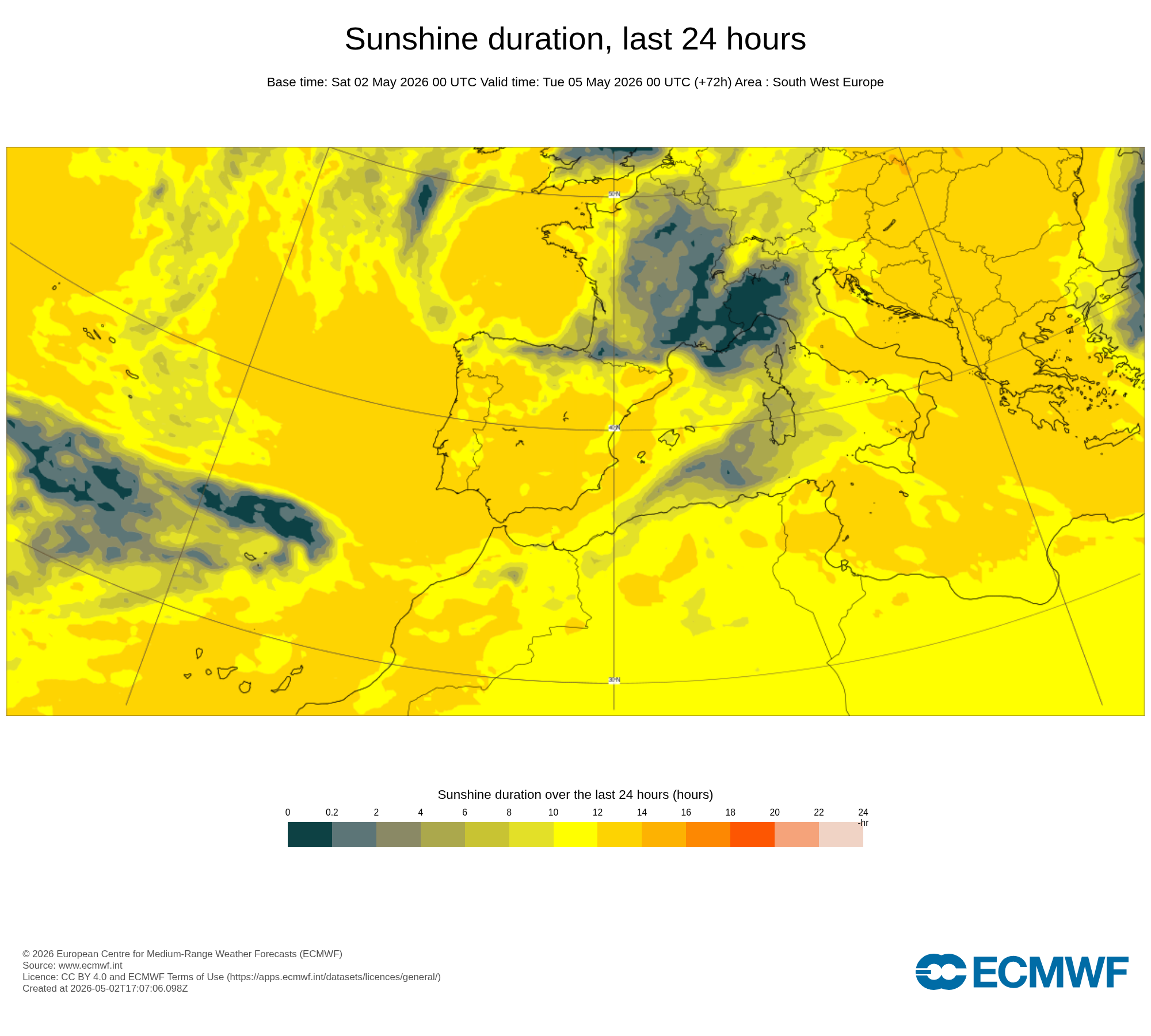Número de horas de sol previstas - entre os Açores e Madeira há muita nebulosidade e instabilidade