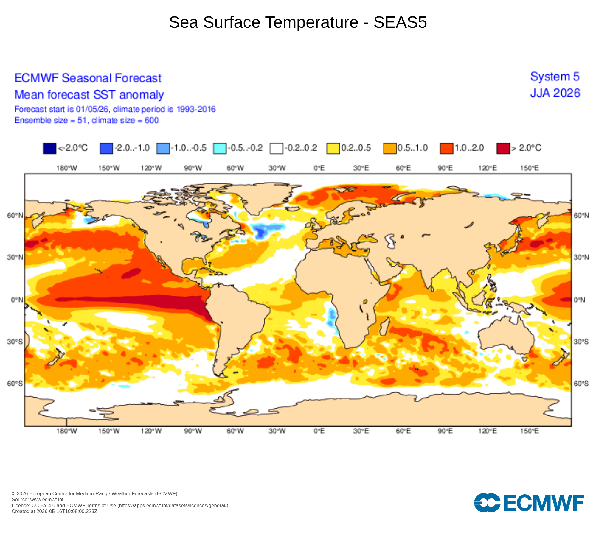 Uma mancha salta à vista na previsão de anomalia de temperatura da água do mar, mas todo o Oceano deve estar bem quente