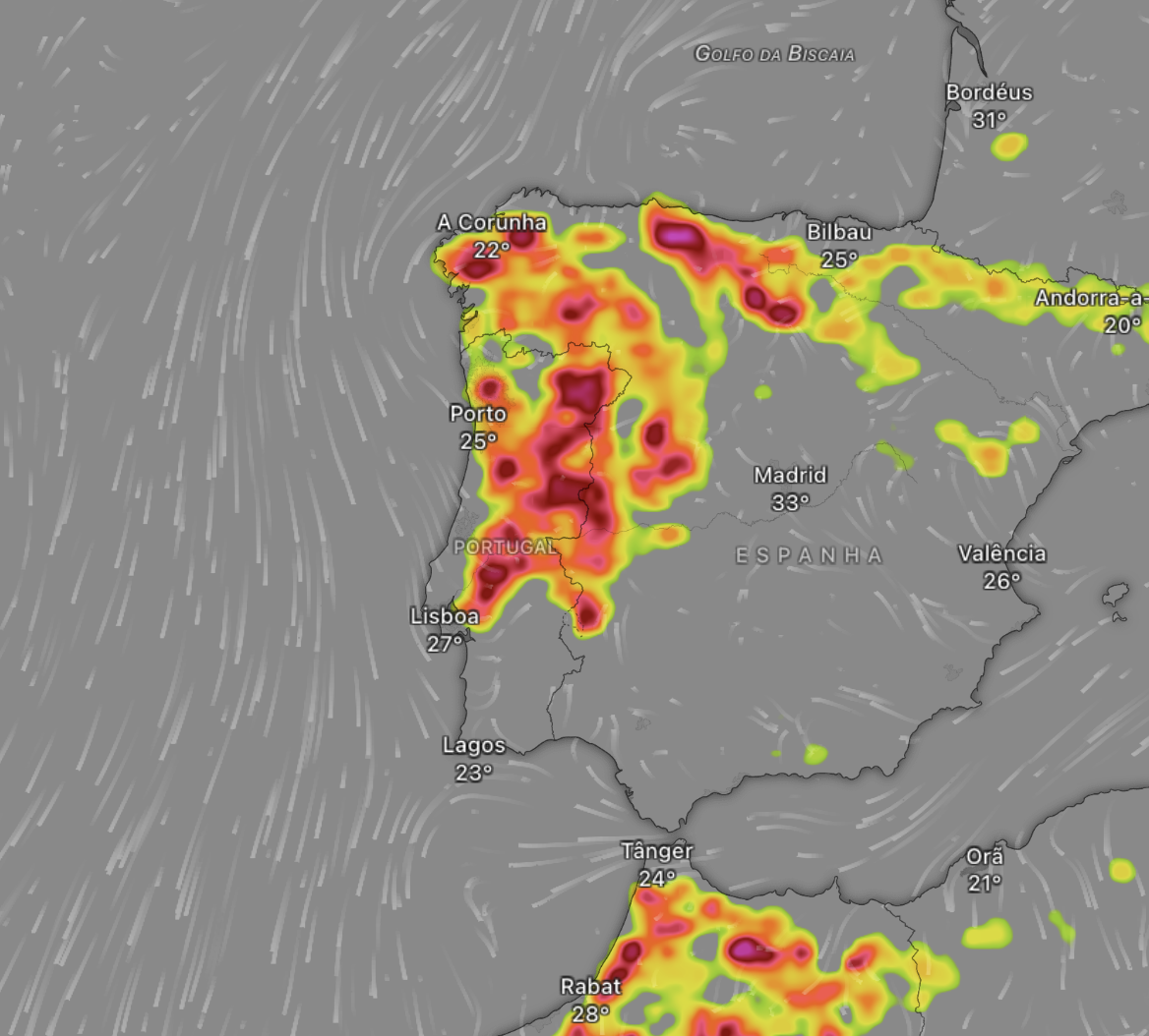 Trovoadas intensas previstas pelo ECMWF neste sábado - este modelo tende a exagerar, mas fica a tendência