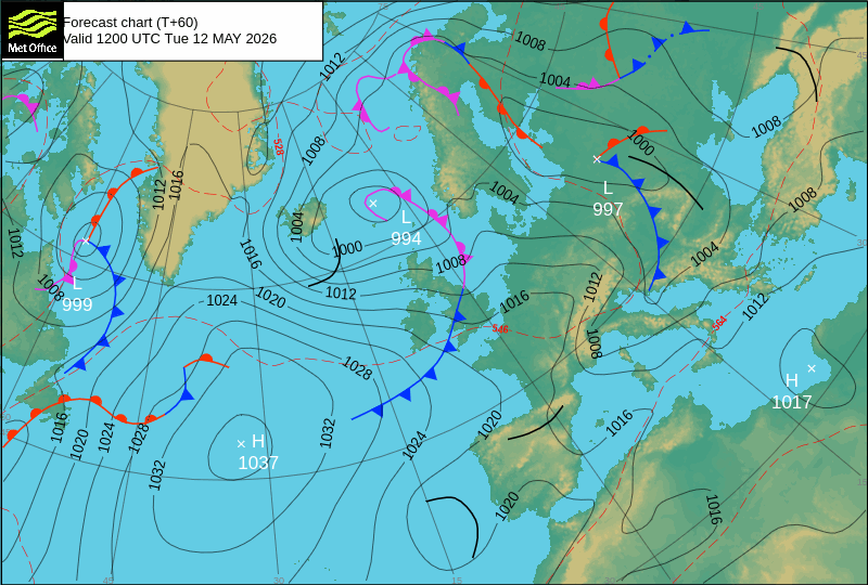 Análise à superfície da MetOffice - note-se como o anticiclone aparece fortalecido, mas há uma área instável perto do Continente (linha preta)