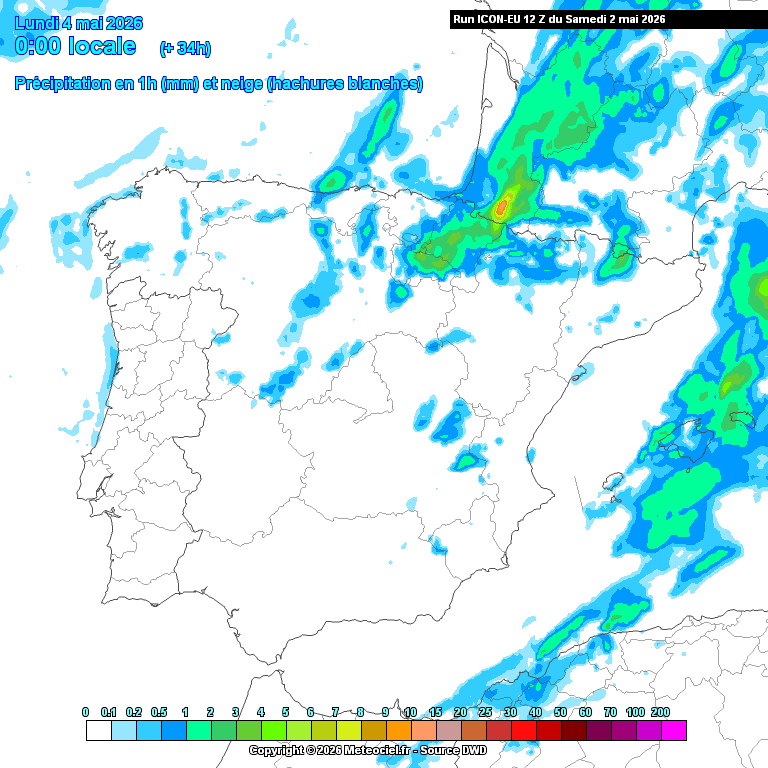 Evolução da precipitação segundo o modelo ICON-EU para esta segunda-feira