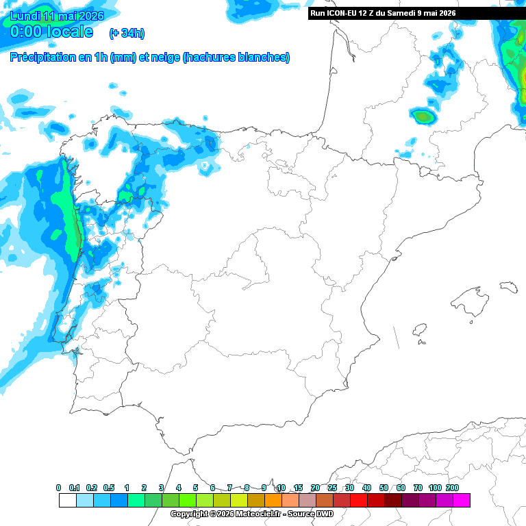 Evolução da precipitação prevista para esta segunda-feira (ICON-EU\DWD)